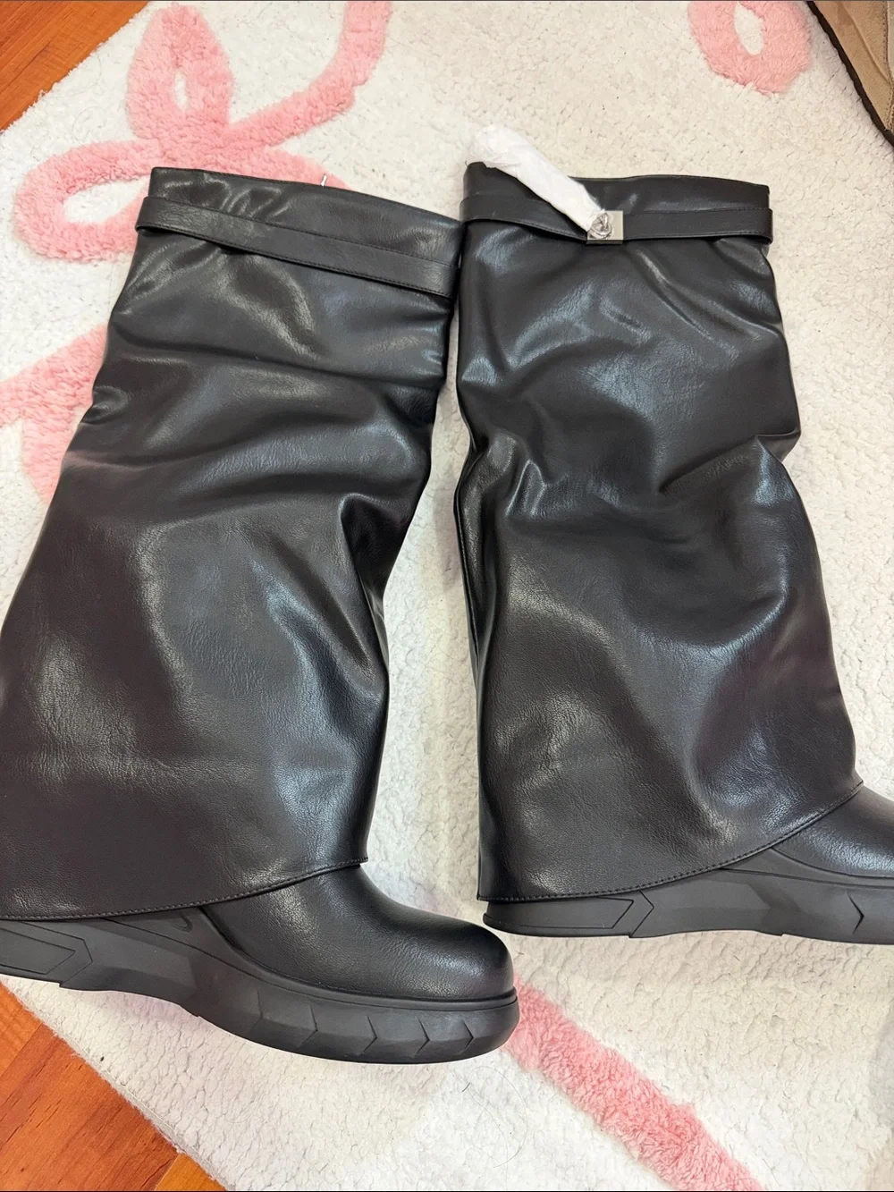 Women's Black Tall Leather-Look Wedge Boots
